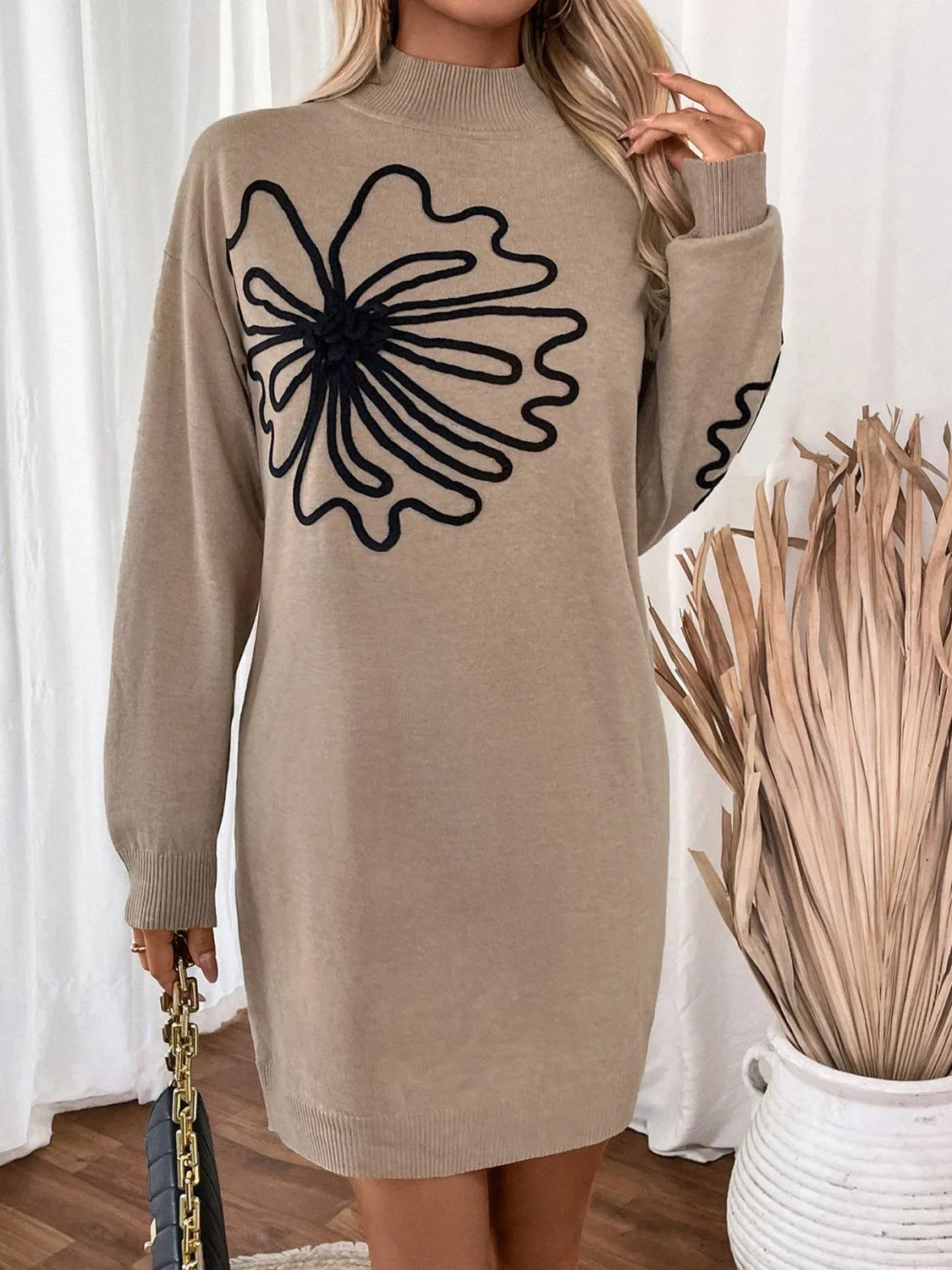 Perfee Flower Mock Neck Long Sleeve Sweater Dress - Wellen Fashion