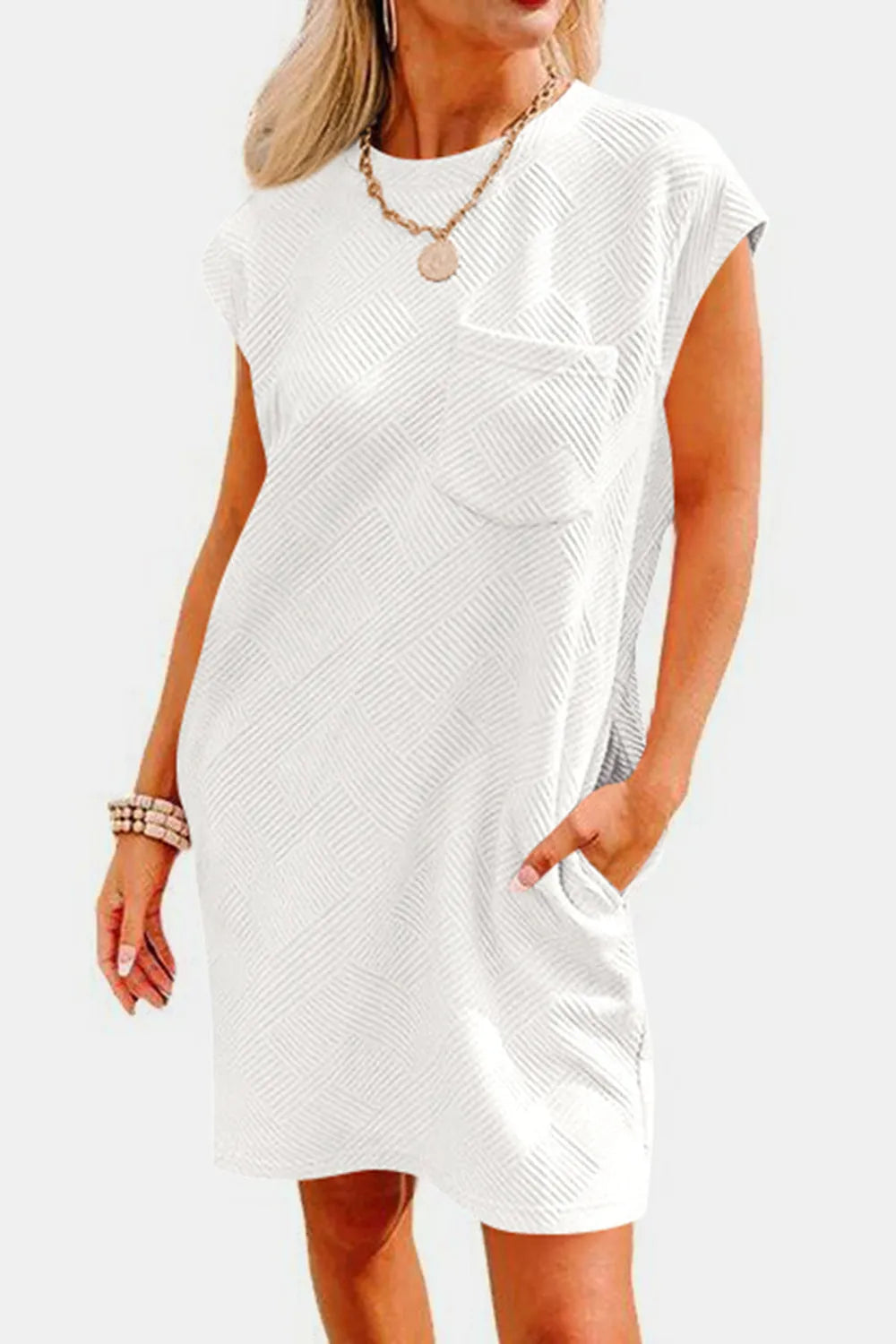 Textured Round Neck Cap Sleeve Dress - Wellen Fashion