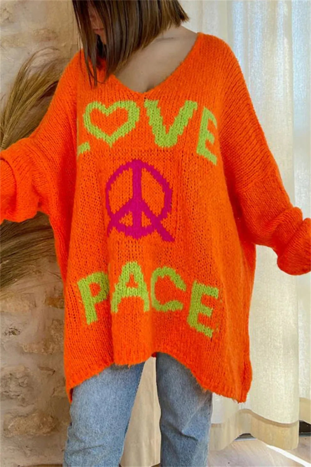 Peace Graphic V-Neck Long Sleeve Sweater - Wellen Fashion