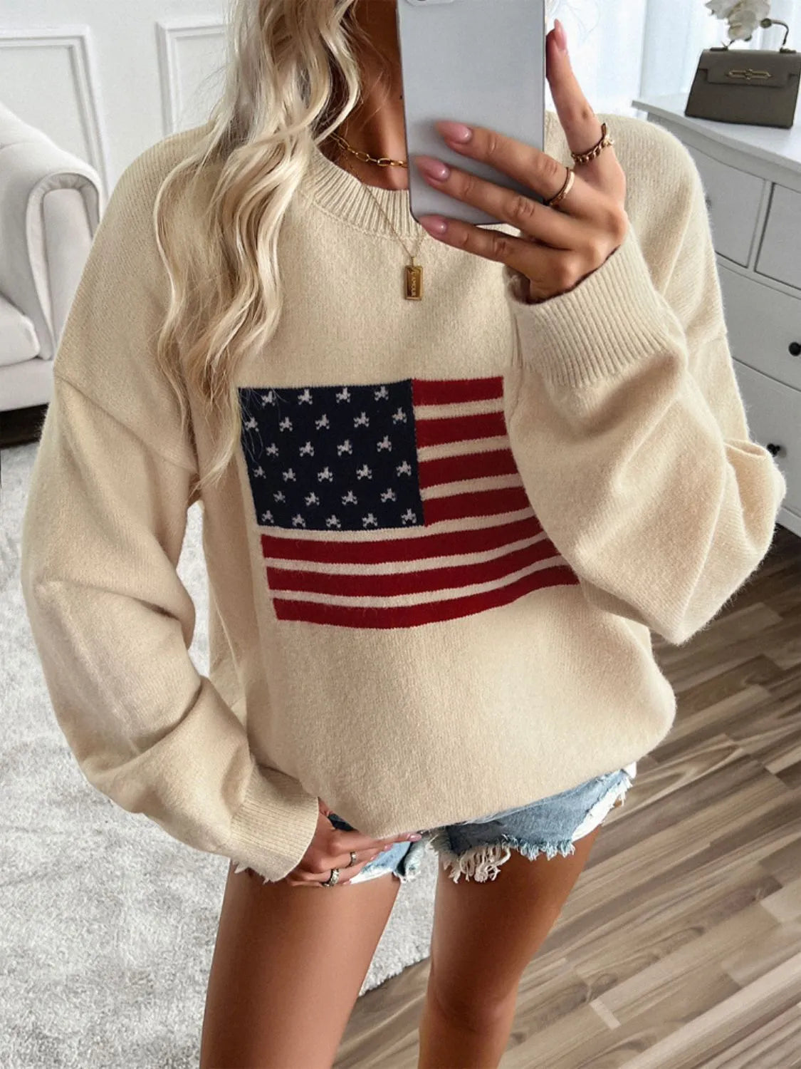 Devine US Flag Round Neck Long Sleeve Knit Top - Wellen Fashion