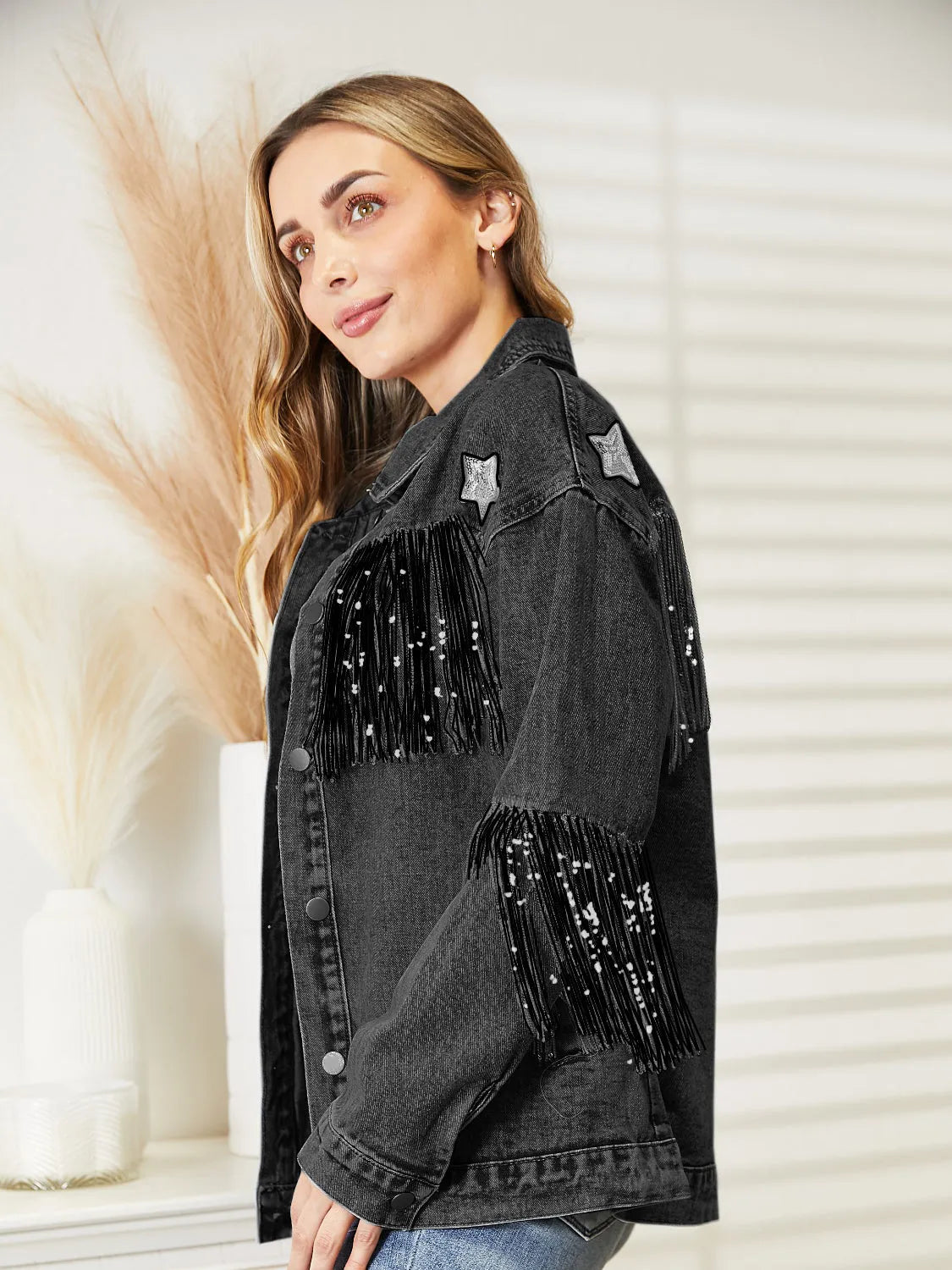 Fringe Detail Long Sleeve Denim Jacket - Wellen Fashion