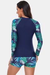 Printed Quarter Zip Long Sleeve Two-Piece Swim Set - Wellen Fashion