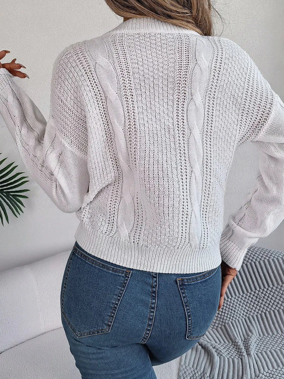 Cable-Knit Buttoned Round Neck Sweater - Wellen Fashion