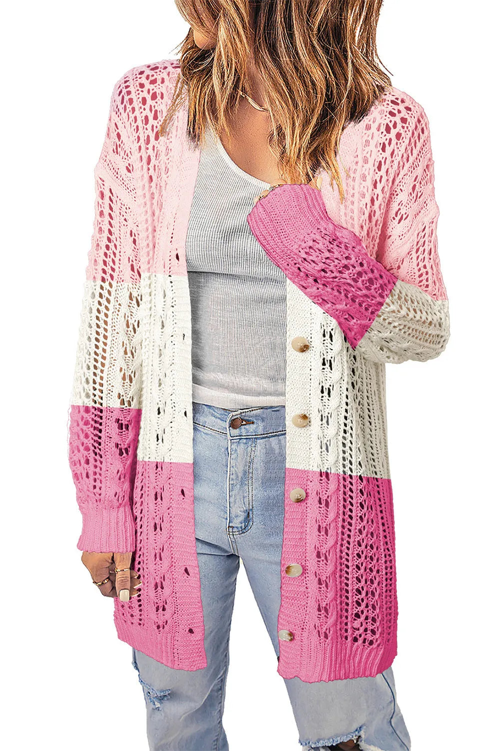 Double Take Openwork Ribbed Cuff Longline Cardigan - Wellen Fashion