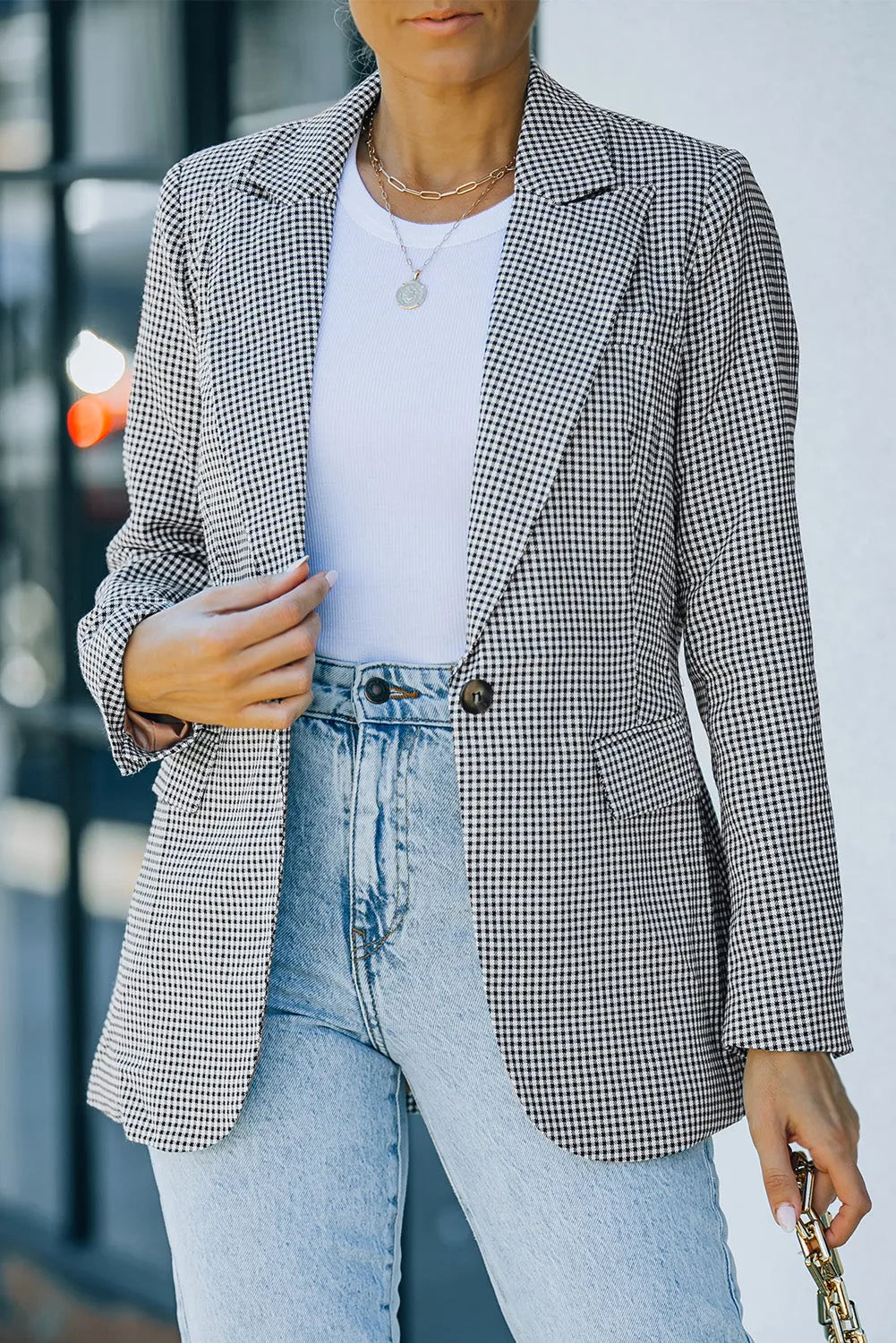 Plaid Lapel Collar Button Cuff Blazer - Wellen Fashion