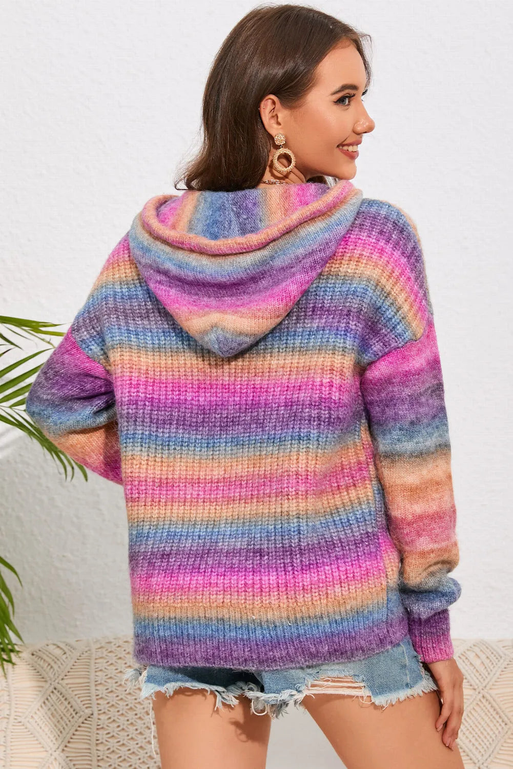 Multicolor Dropped Shoulder Hooded Sweater - Wellen Fashion