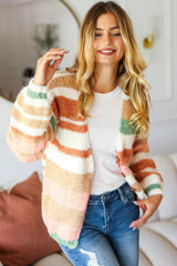 Haptics Full Size Button Down Striped Sweater Cardigan - Wellen Fashion