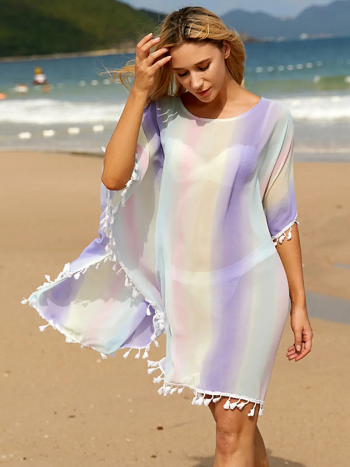 Tassel Boat Neck Half Sleeve Cover Up - Wellen Fashion