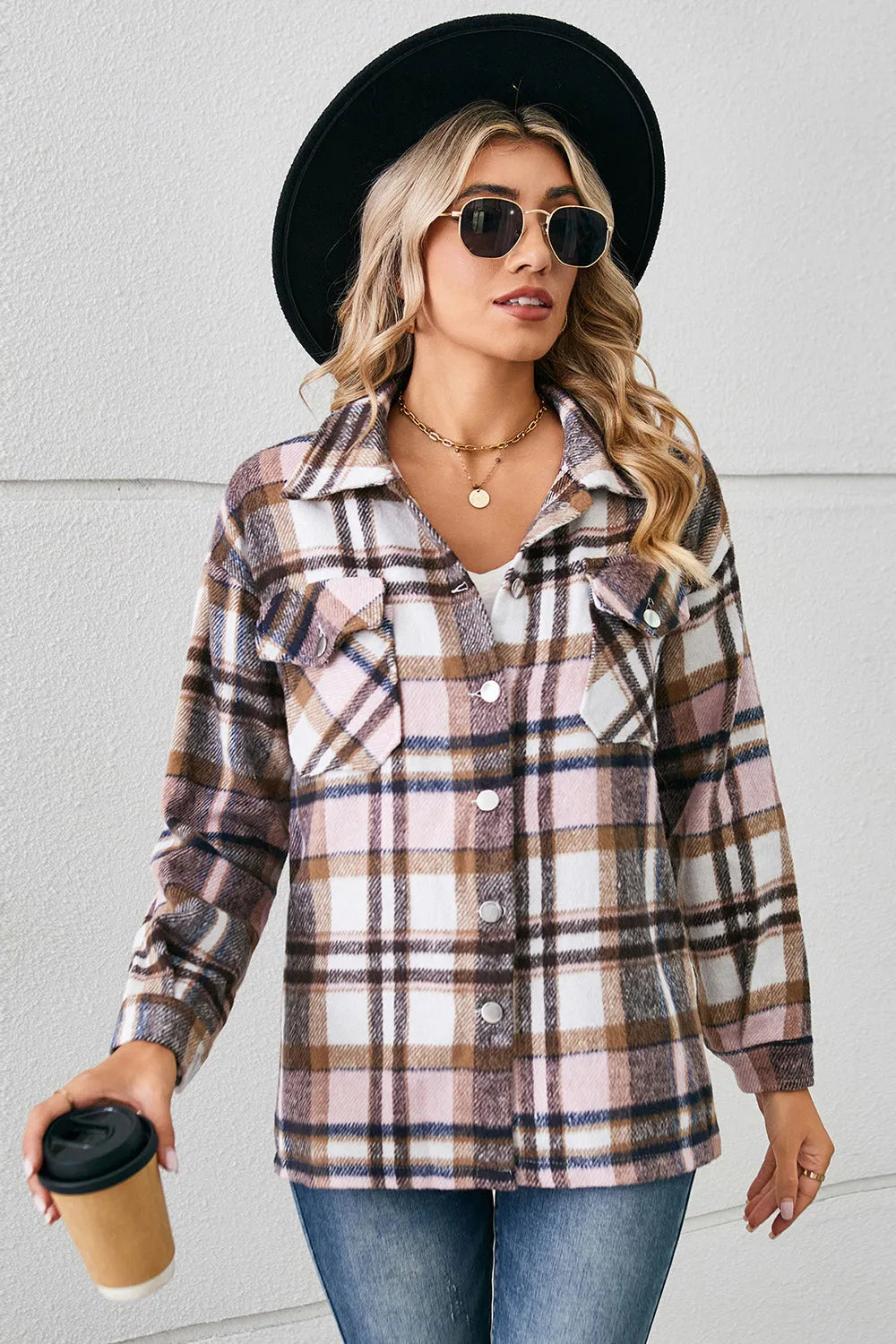 Collared Plaid Shacket - Wellen Fashion