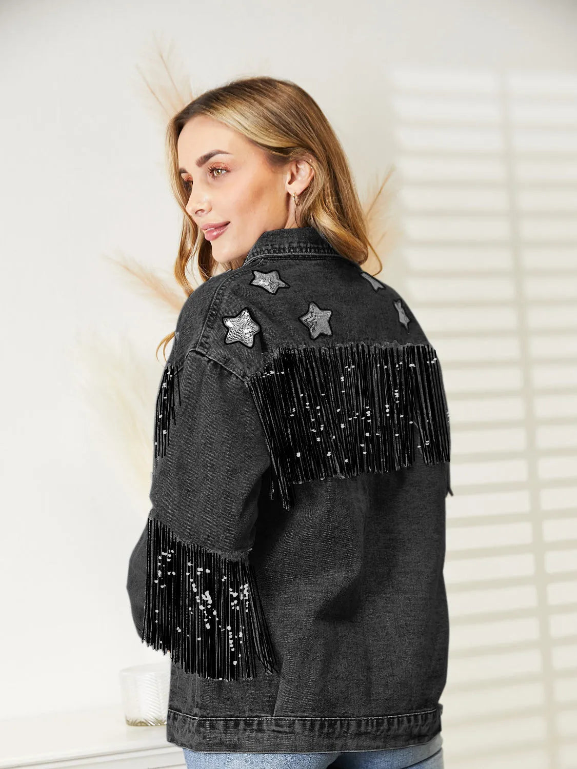 Fringe Detail Long Sleeve Denim Jacket - Wellen Fashion