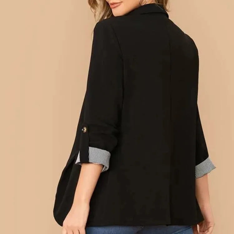 Lapel Collar Roll-Tab Sleeve Blazer - Wellen Fashion