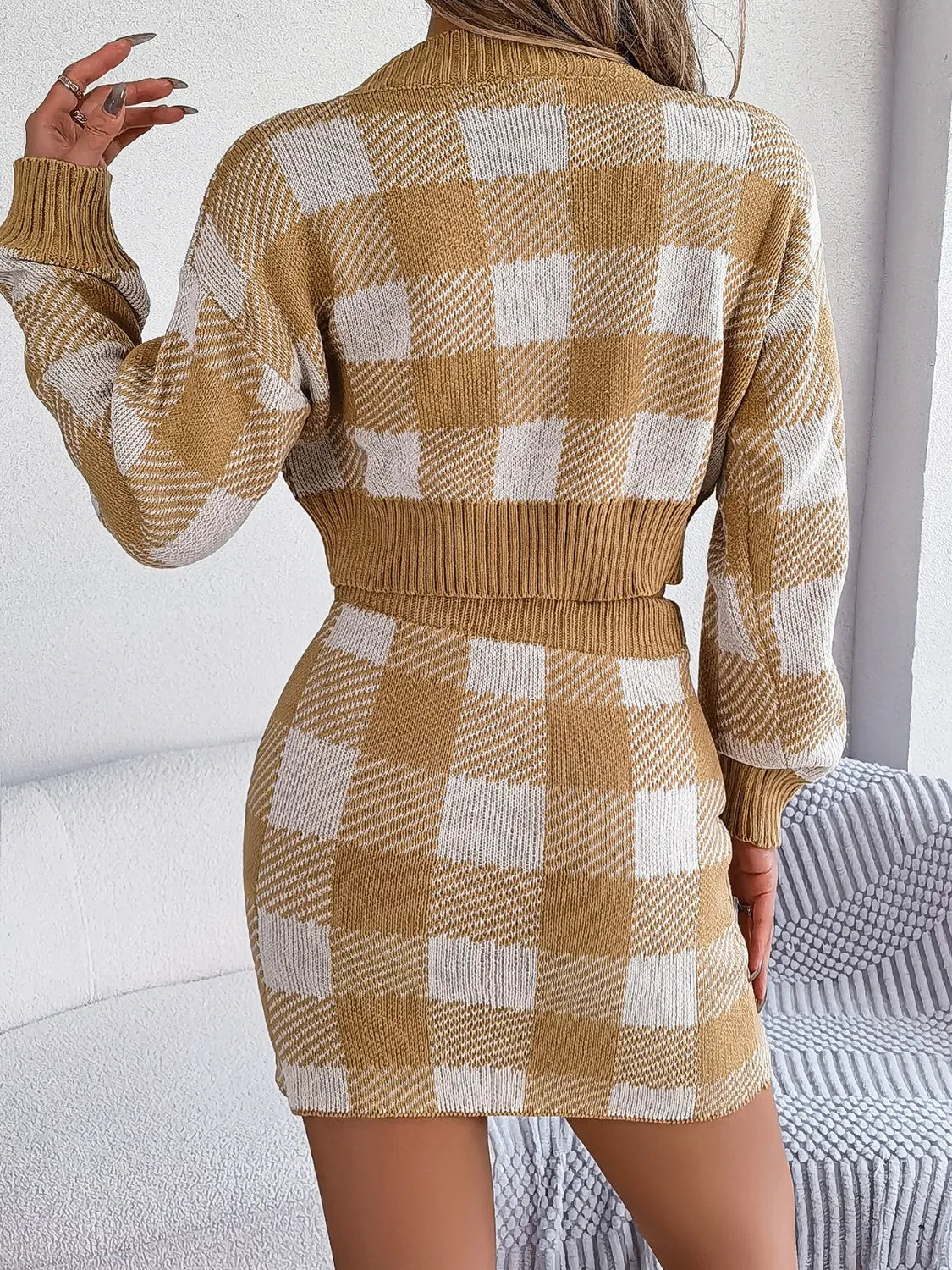 Plaid Round Neck Top and Skirt Sweater Set - Wellen Fashion