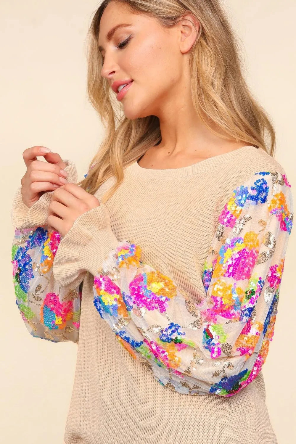 Haptics Floral Sequins Mesh Flounce Sleeve Sweater - Wellen Fashion