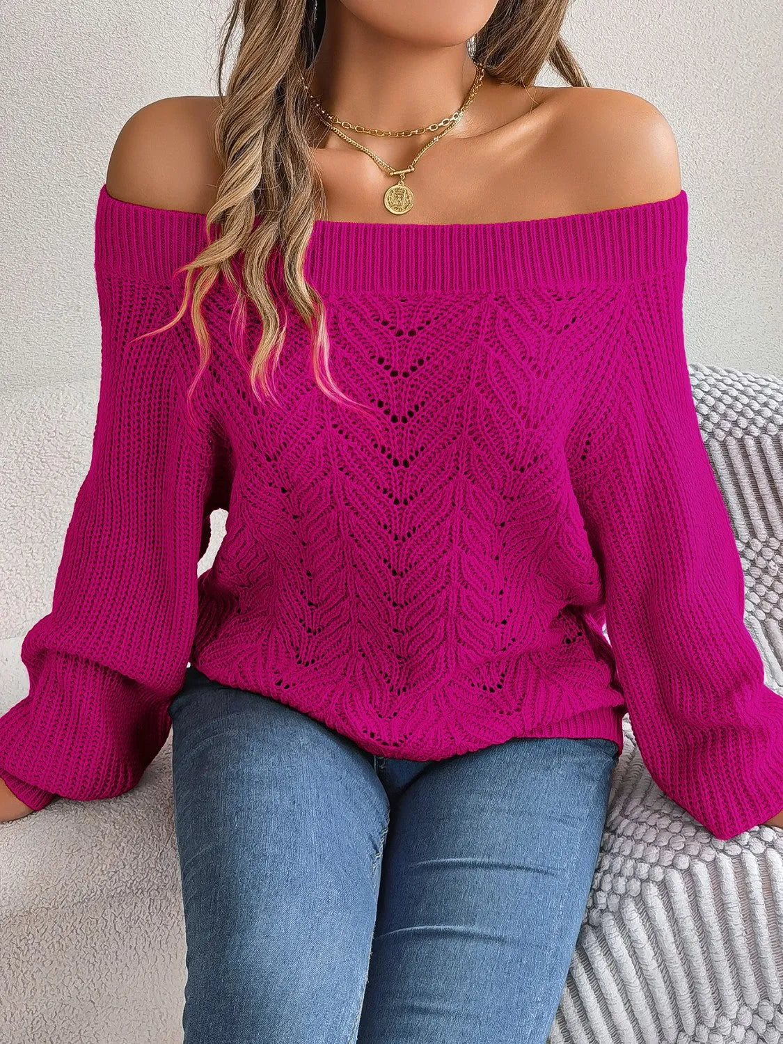 Openwork Off-Shoulder Long Sleeve Sweater - Wellen Fashion