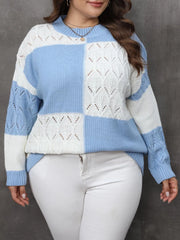 Plus Size Openwork Color Block Long Sleeve Sweater - Wellen Fashion