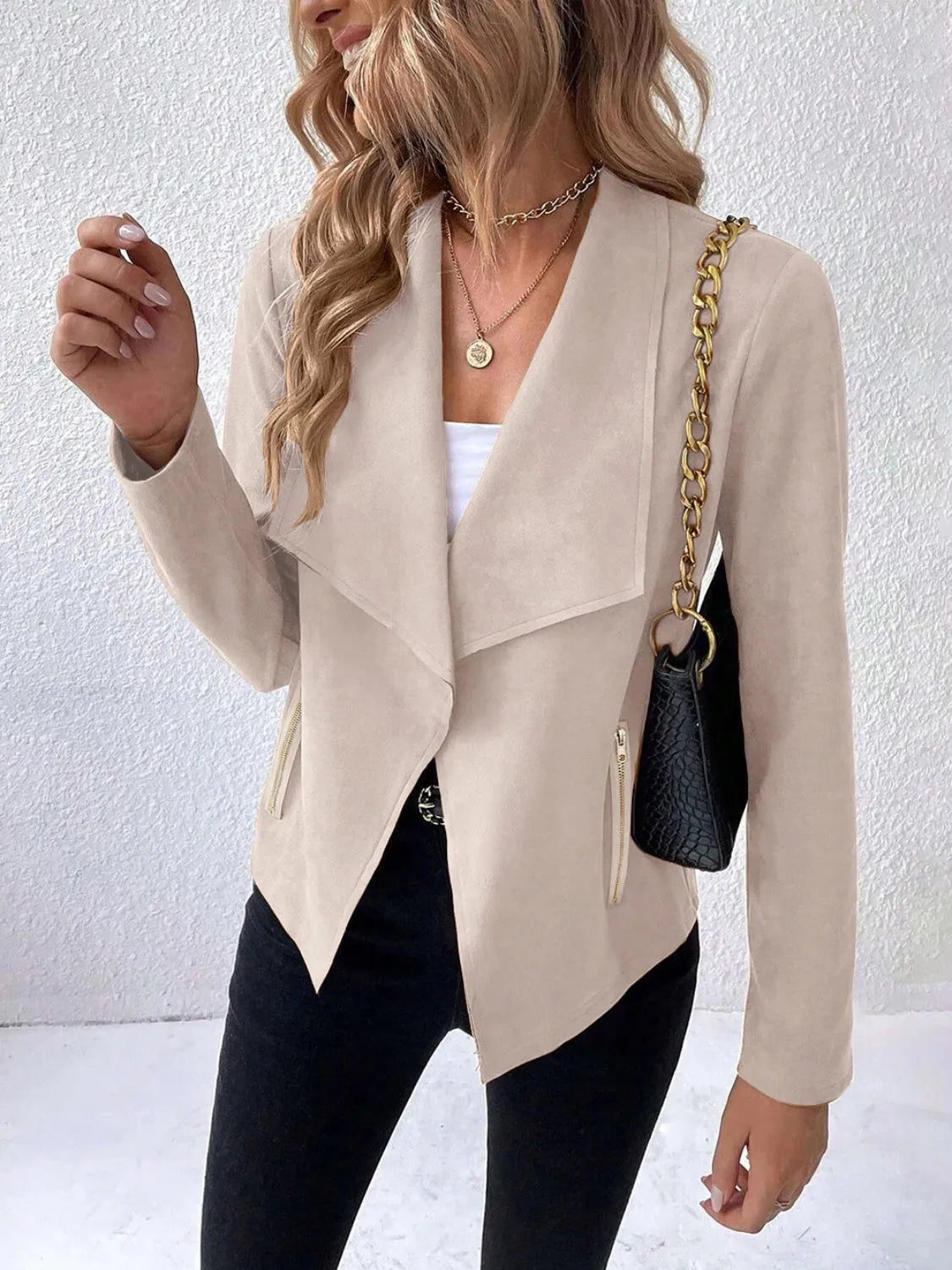 Collared Neck Long Sleeve Jacket - Wellen Fashion