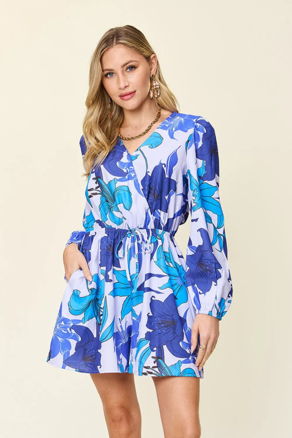 Double Take Full Size Floral Long Sleeve Romper with Pockets - Wellen Fashion