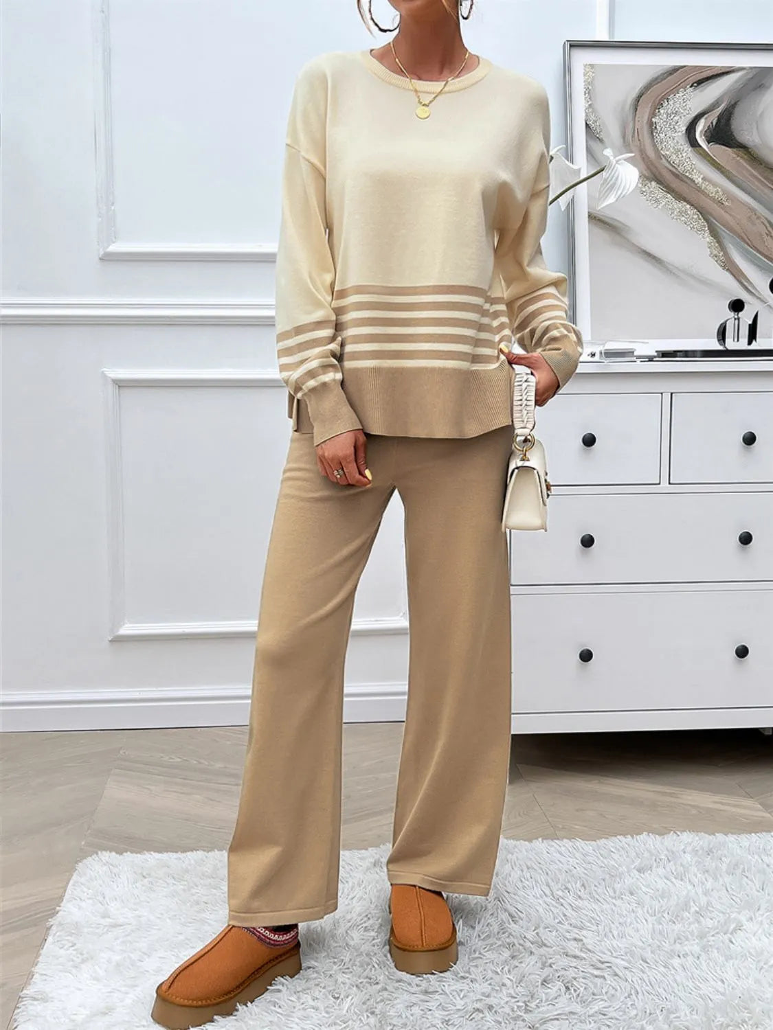 Devine Slit Striped Round Neck Top and Pants Sweater Set - Wellen Fashion