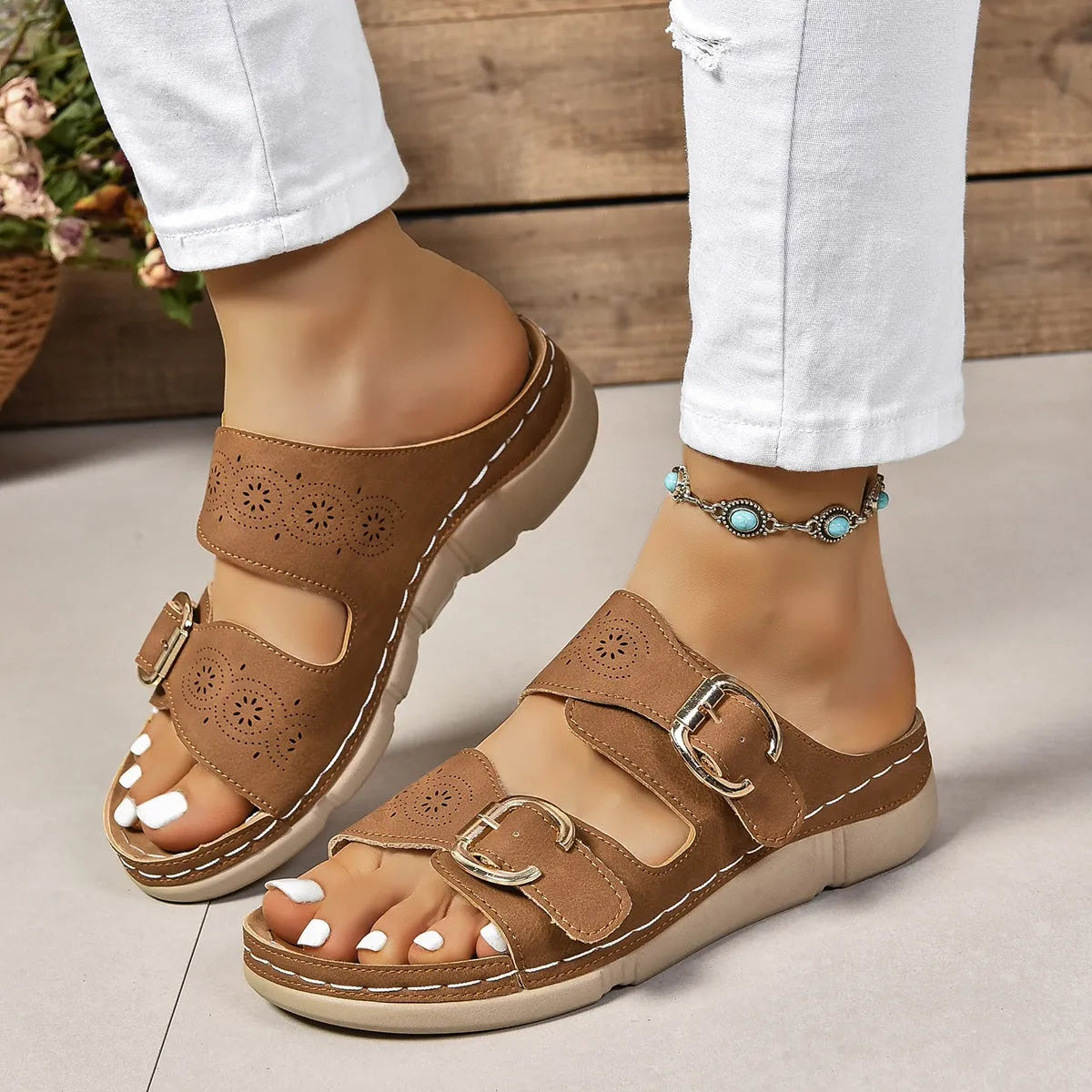 PU Leather Open Toe Buckle Sandals - Wellen Fashion