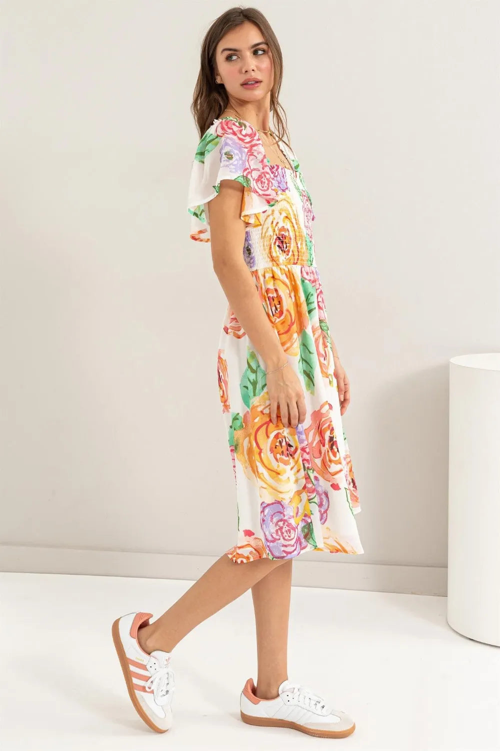 HYFVE Floral Flutter Sleeve Smocked Dress - Wellen Fashion