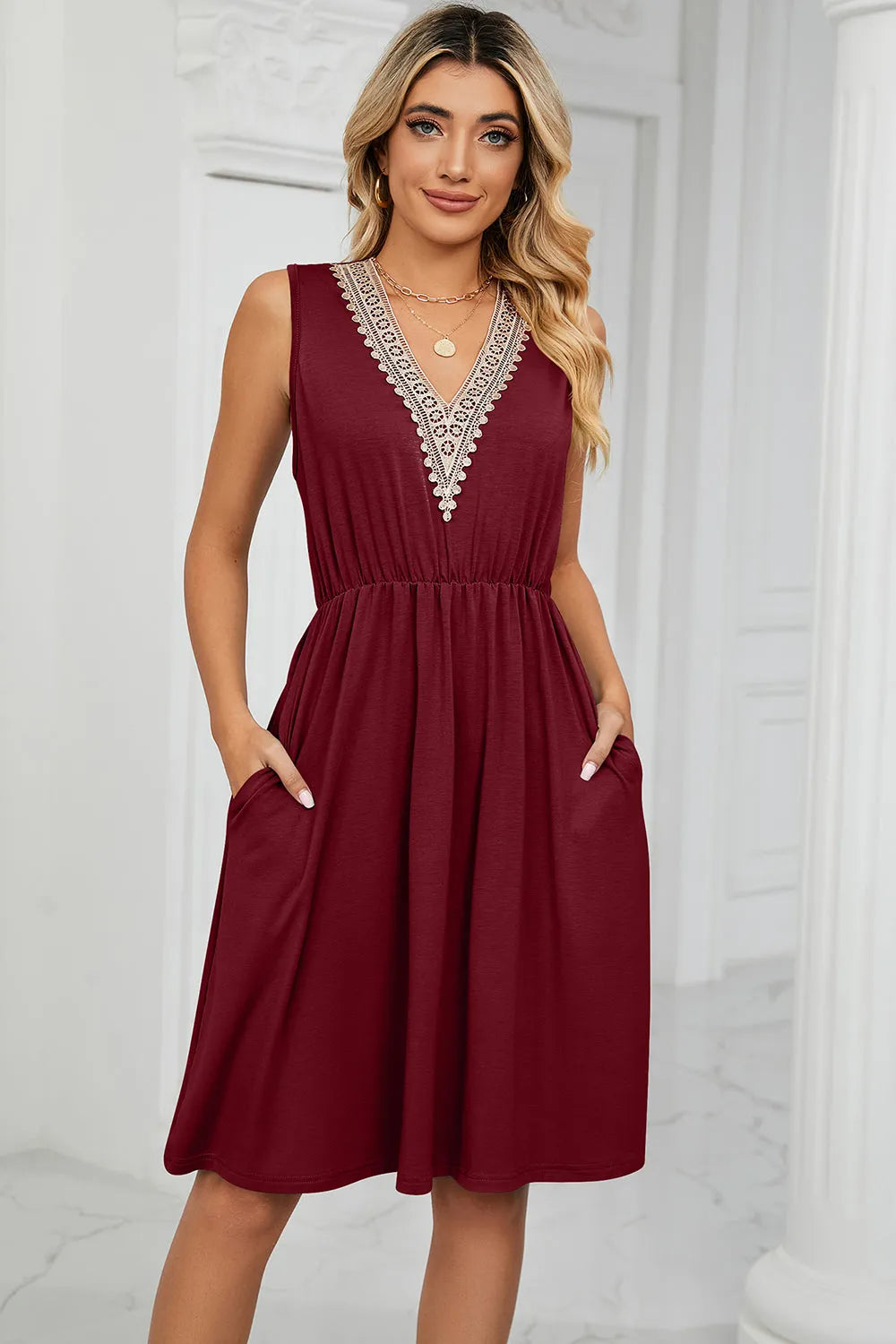 Pocketed V-Neck Wide Strap Dress - Wellen Fashion