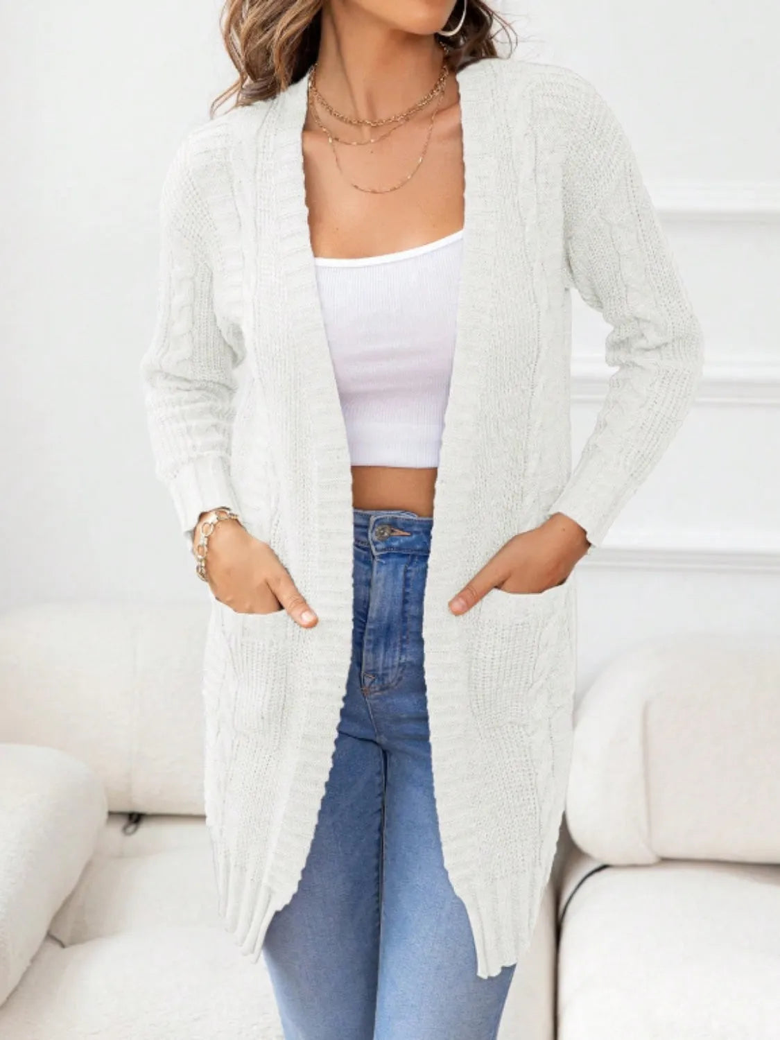 Open Front Long Sleeve Cardigan - Wellen Fashion