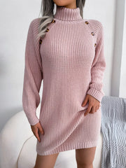 Decorative Button Turtleneck Sweater Dress - Wellen Fashion