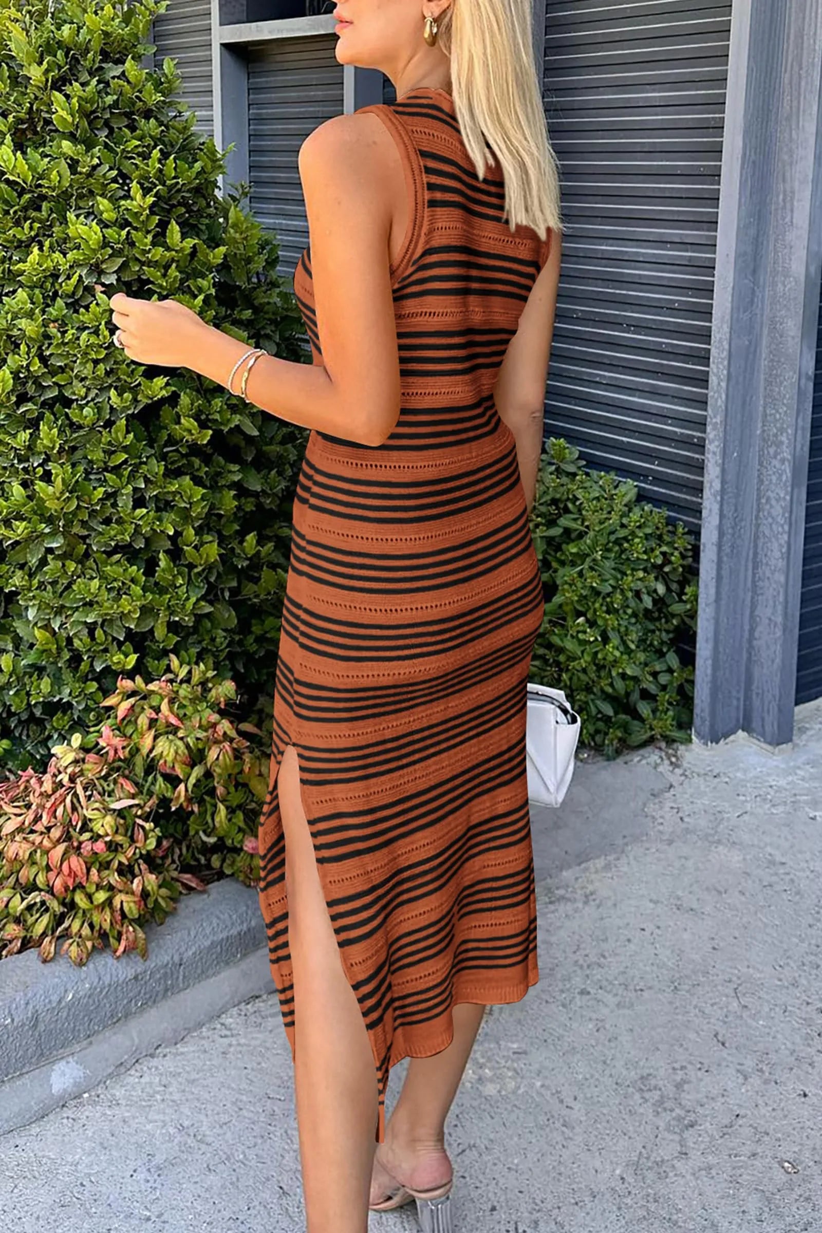 Slit Striped Round Neck Sleeveless Midi Dress - Wellen Fashion