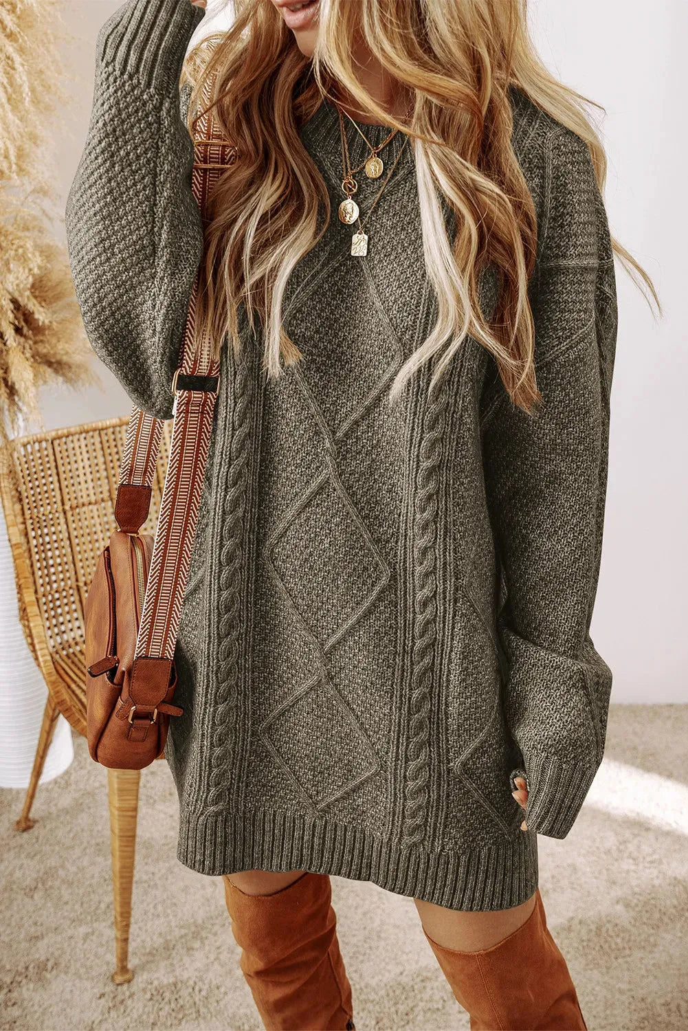 Cable-Knit Round Neck Sweater Dress - Wellen Fashion