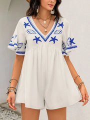 Printed V-Neck Half Sleeve Romper - Wellen Fashion