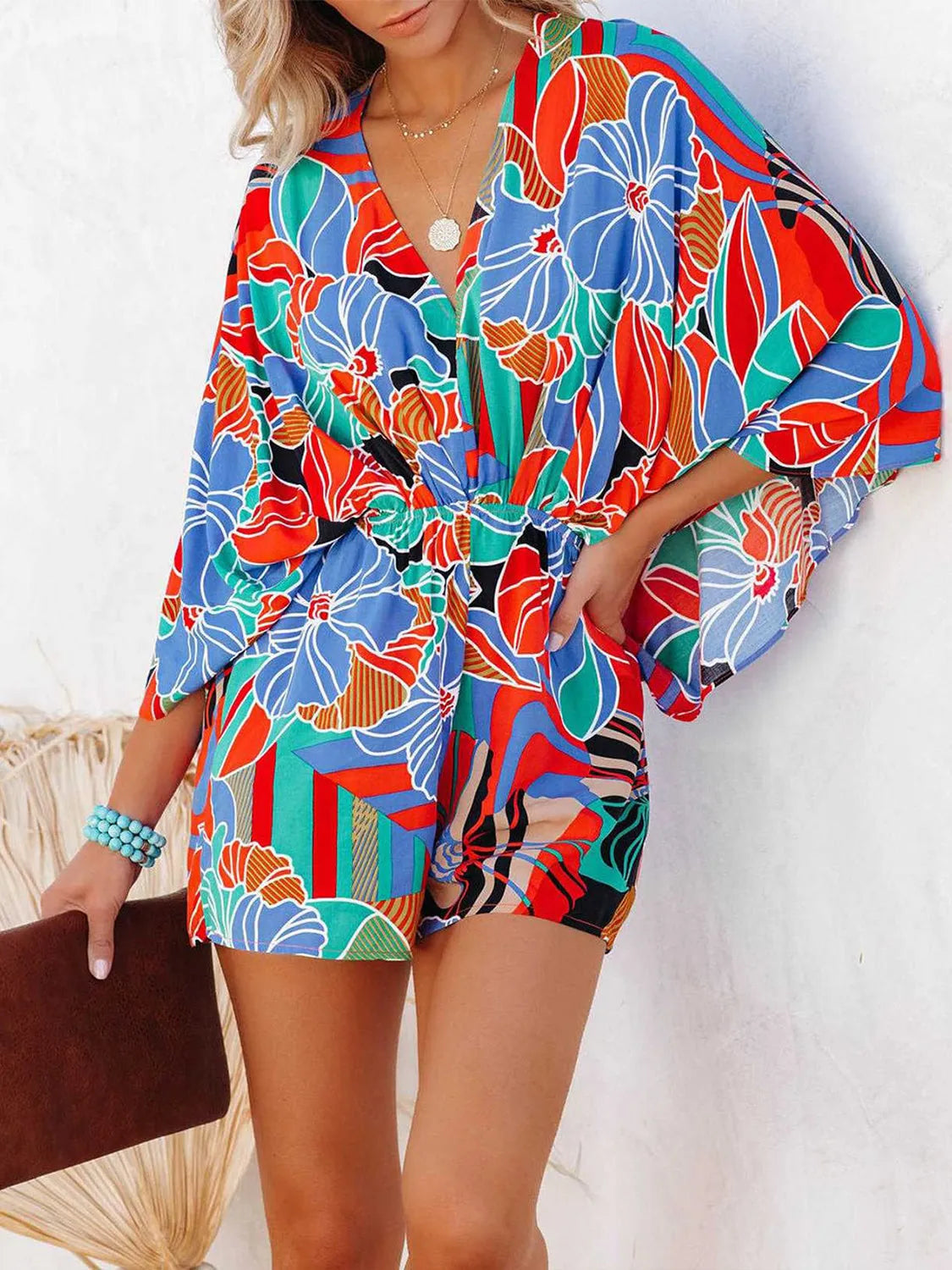 Tied Printed Kimono Sleeve Romper - Wellen Fashion