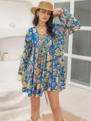 Printed V-Neck Balloon Sleeve Mini Dress - Wellen Fashion