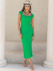 Square Neck Cap Sleeve Midi Dress - Wellen Fashion