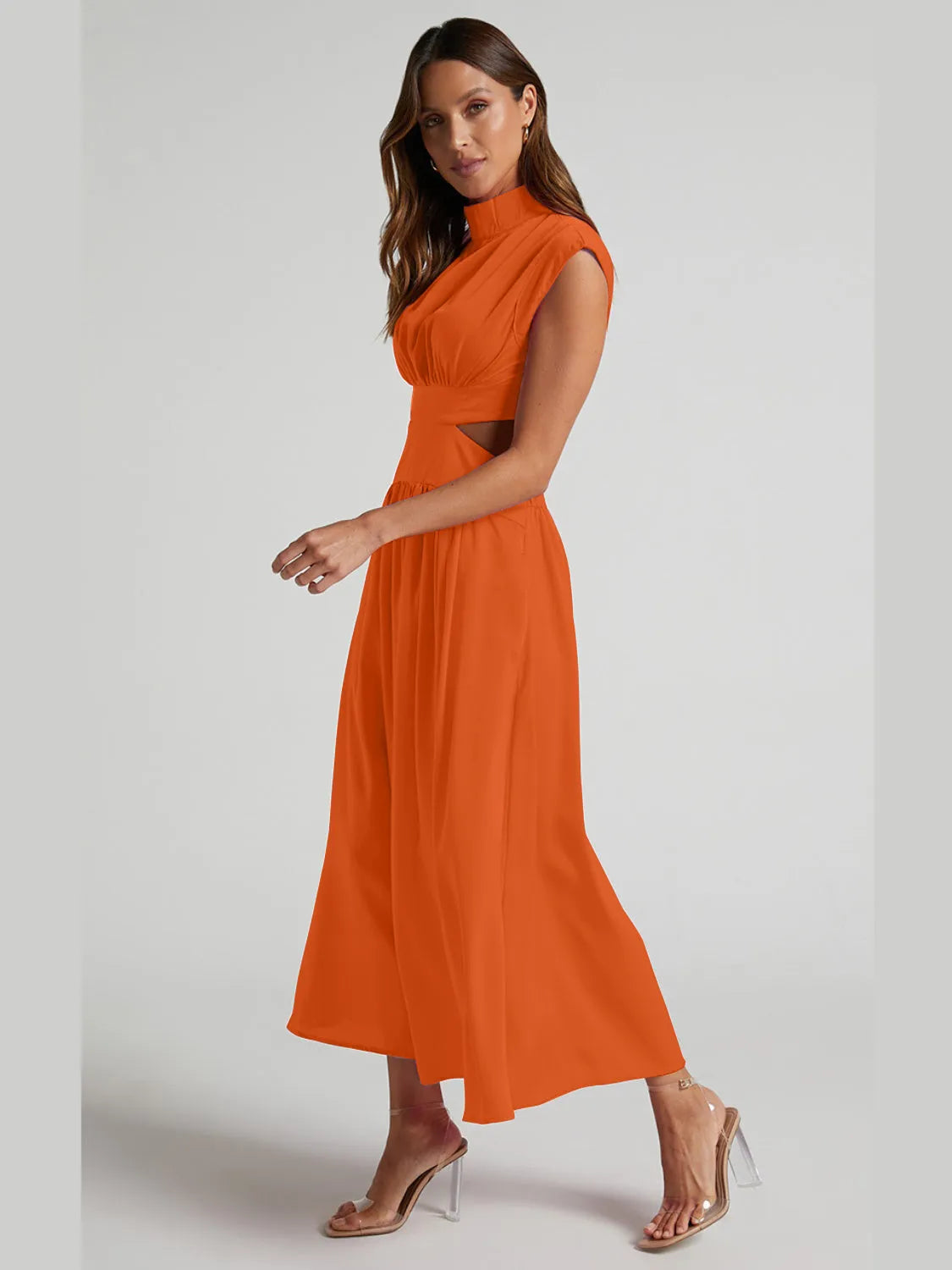 Cutout Mock Neck Sleeveless Ruched Dress - Wellen Fashion