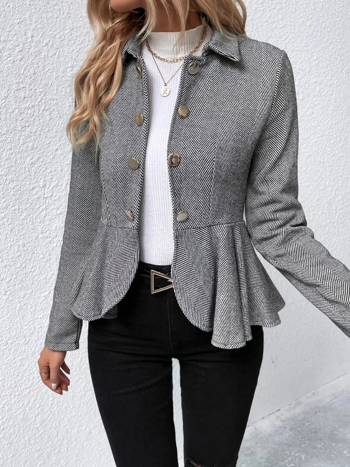 Ruffle Hem Collared Blazer - Wellen Fashion