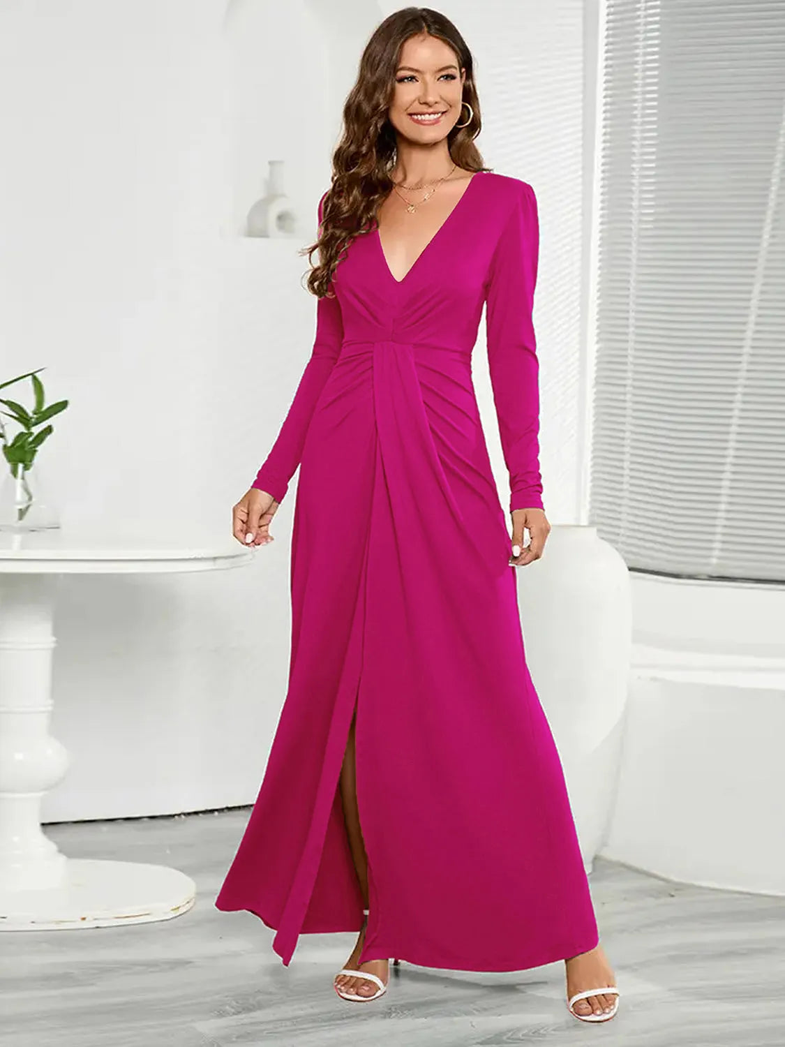 V-Neck Long Sleeve Split Dress - Wellen Fashion