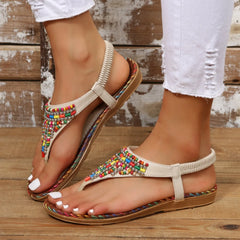 Beaded PU Leather Open Toe Sandals - Wellen Fashion