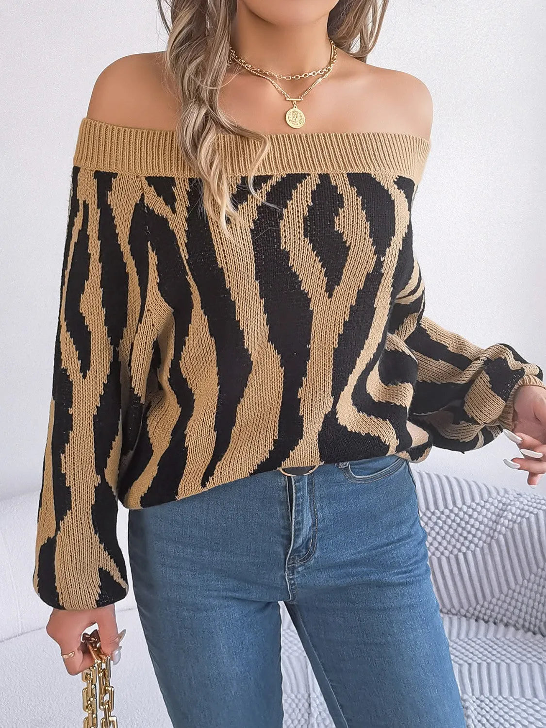 Off-Shoulder Animal Print Long Sleeve Sweater - Wellen Fashion