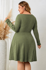 Honey Plus Size Sweetheart Neck Long Sleeve Ribbed Dress - Wellen Fashion