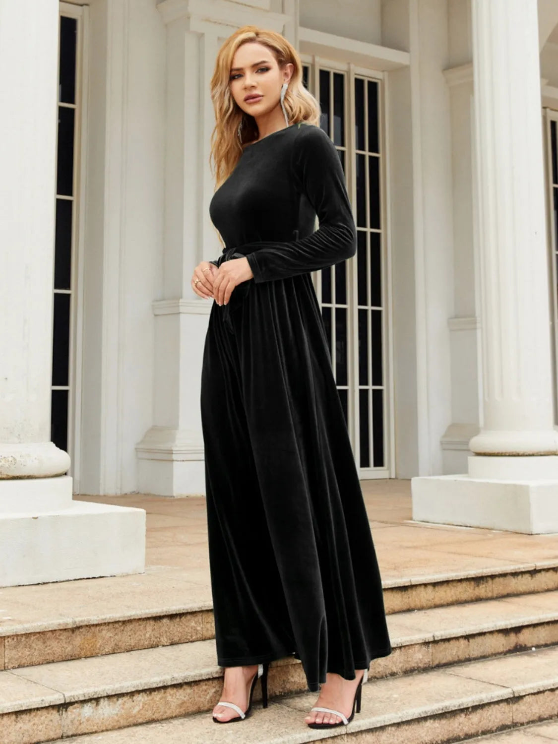 Tie Front Round Neck Long Sleeve Maxi Dress - Wellen Fashion