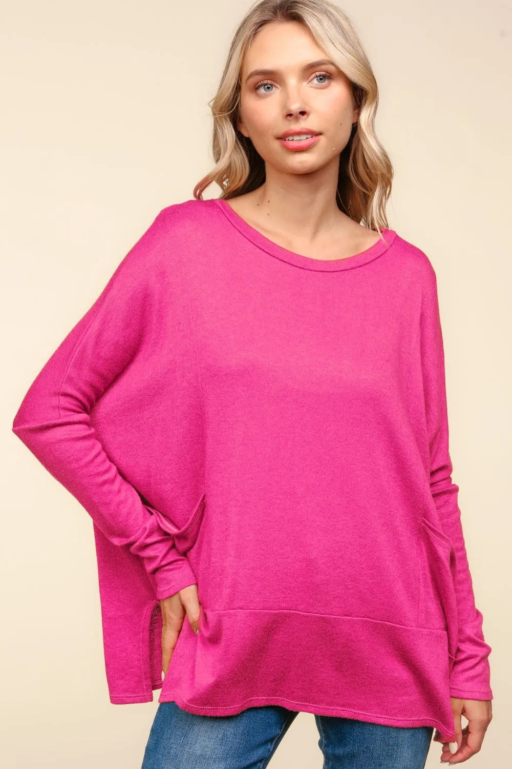 Haptics Dolman Long Sleeve Oversized Knit Top with Pockets - Wellen Fashion