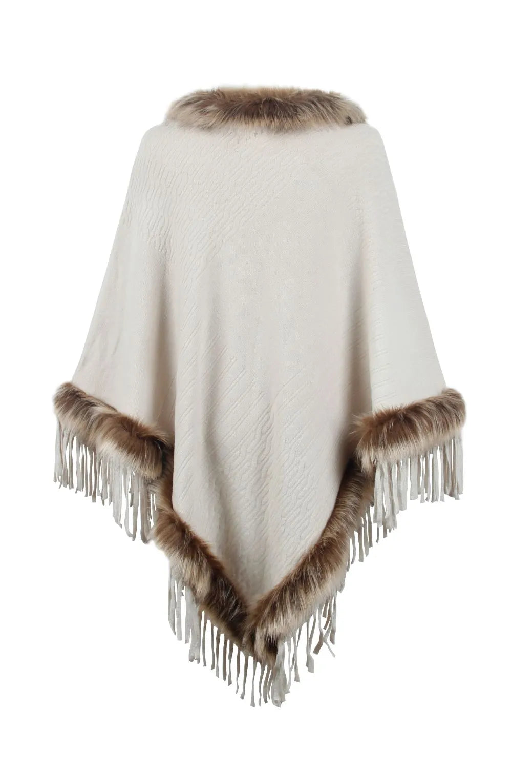 Faux Fur Trim Fringed Poncho - Wellen Fashion