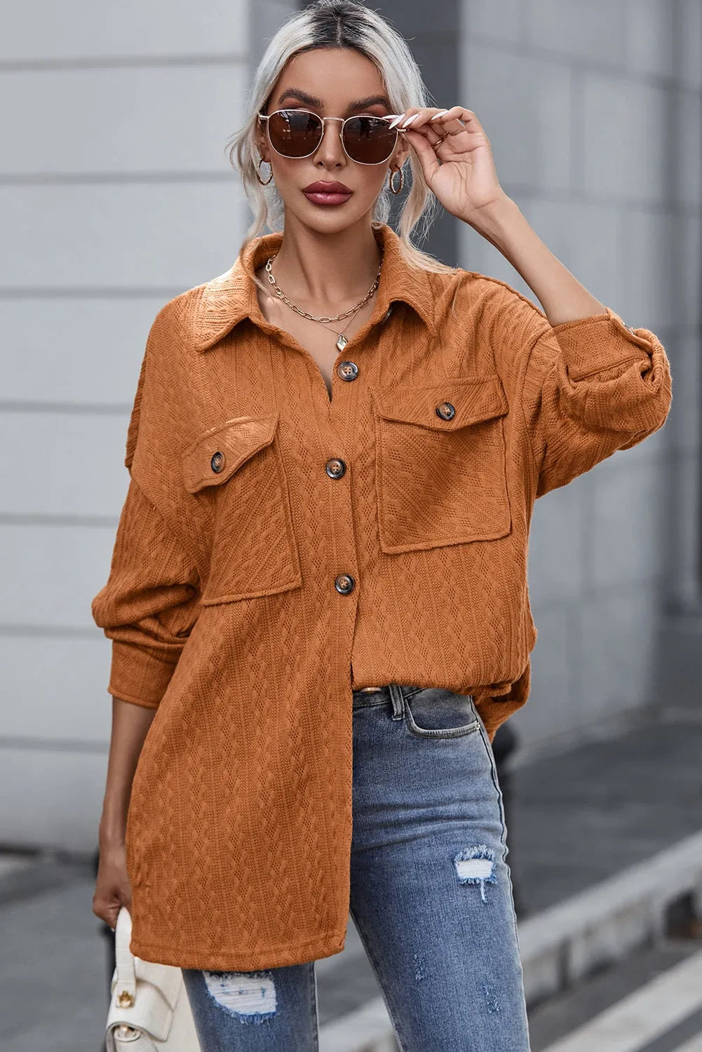 Textured Button Up Shacket with Pockets - Wellen Fashion