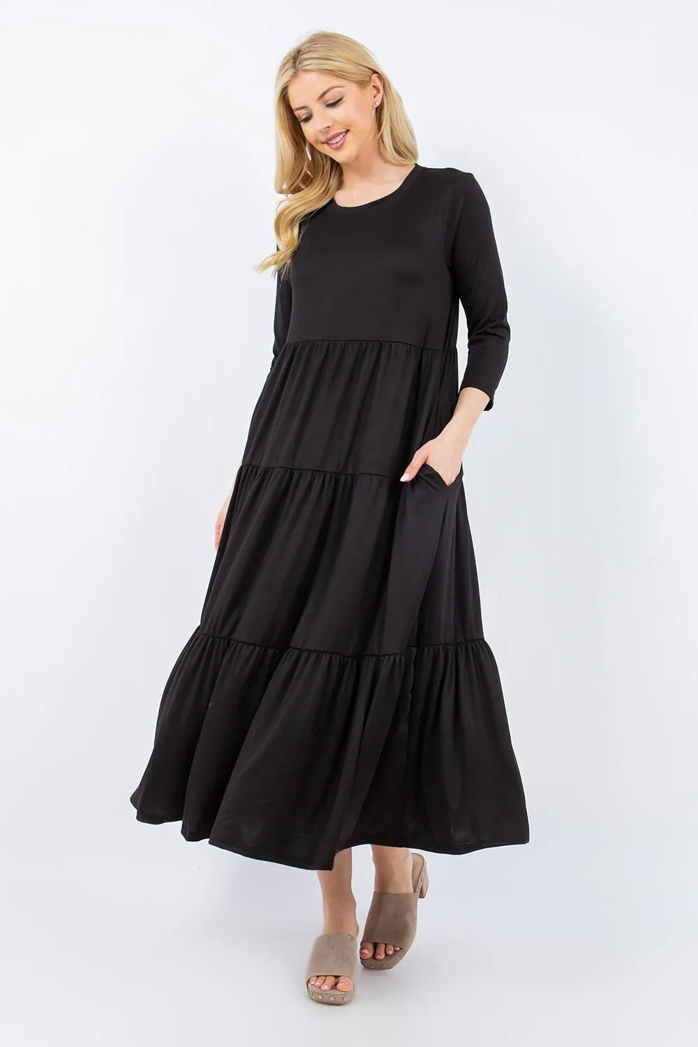 Celeste Full Size Tiered Midi Dress with Pockets - Wellen Fashion