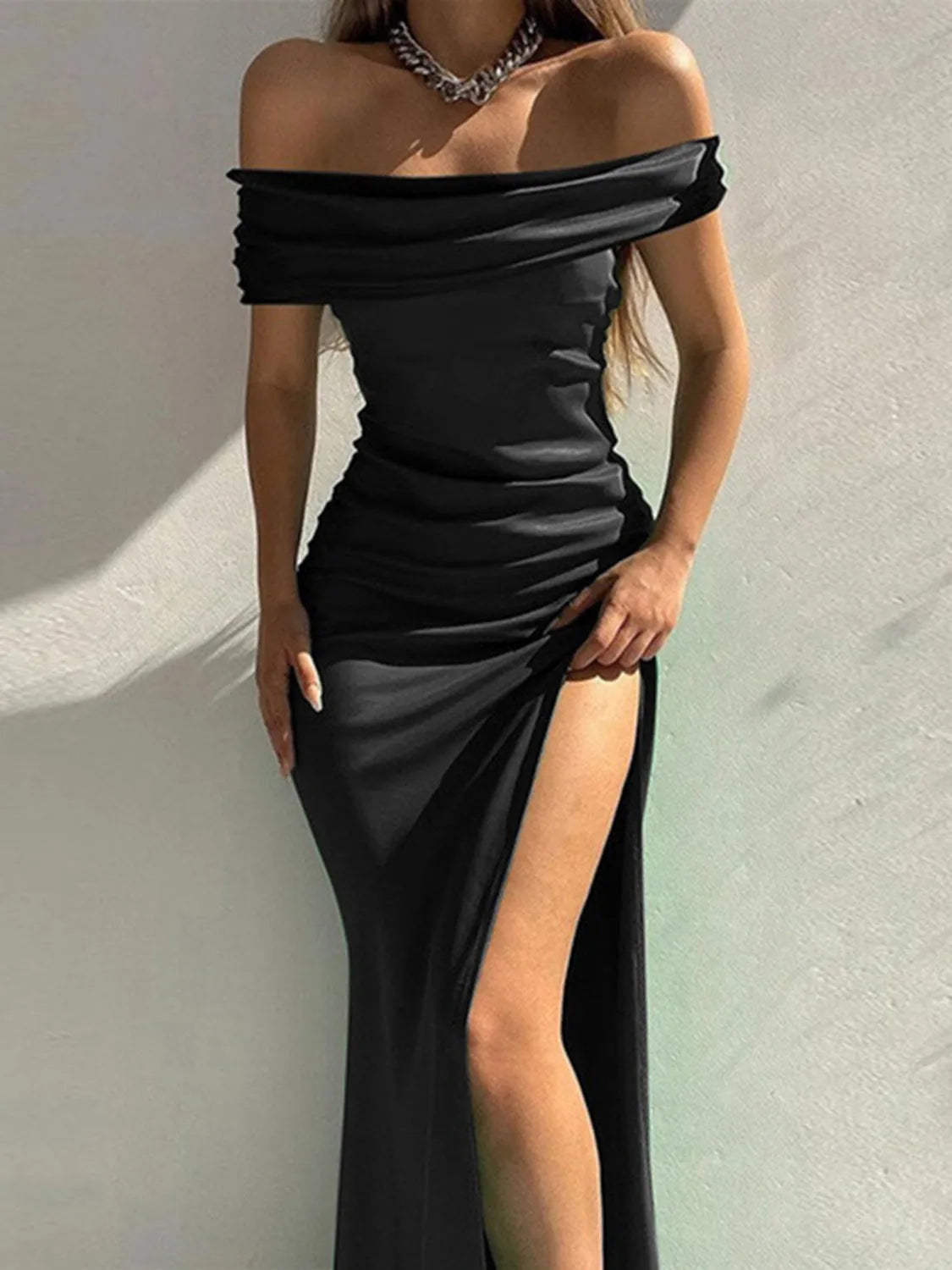 Split Ruched Off-Shoulder Dress - Wellen Fashion