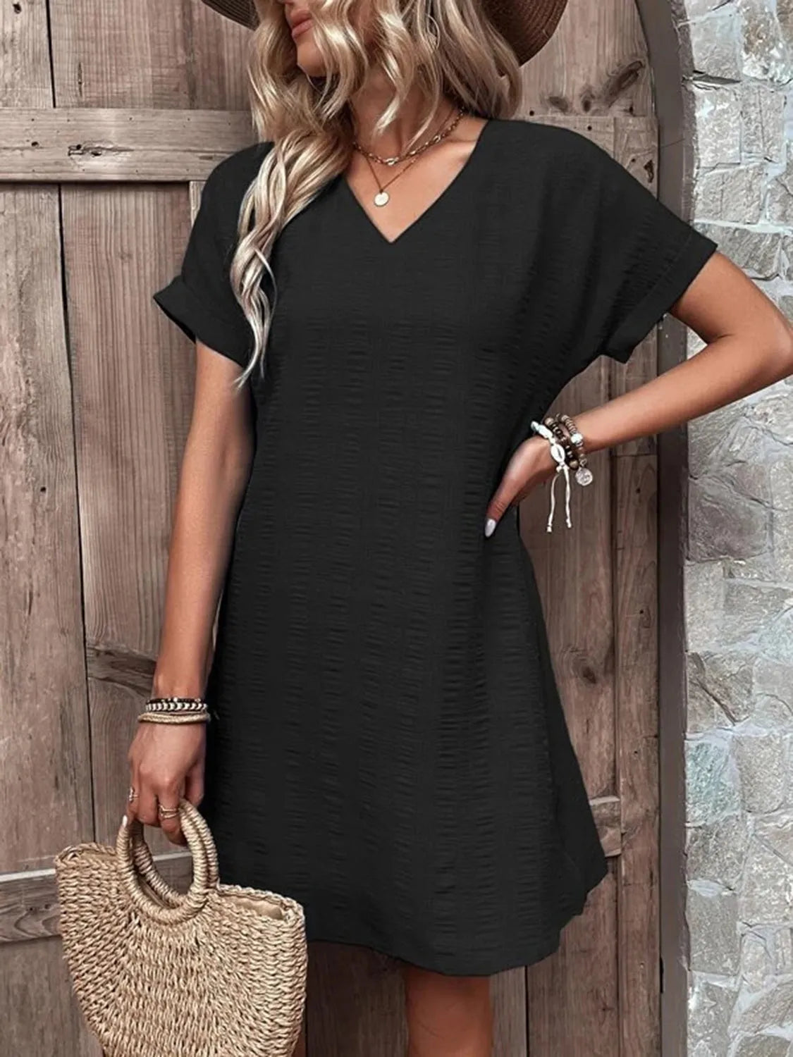 Full Size V-Neck Short Sleeve Mini Dress - Wellen Fashion