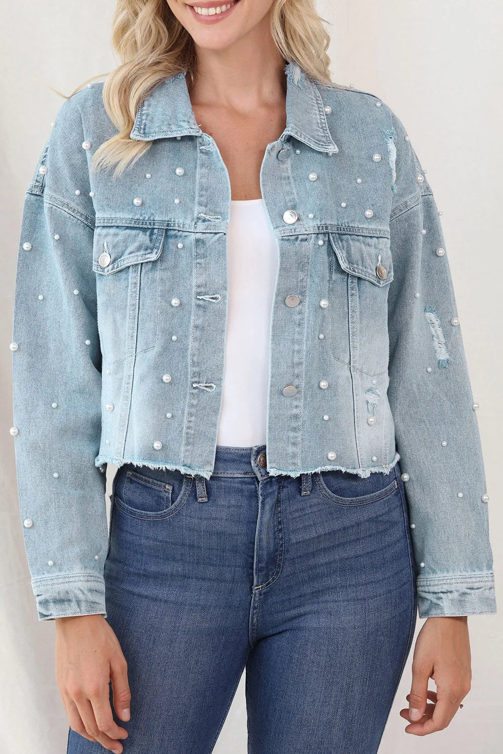 Distressed Pearl Trim Button Up Denim Jacket - Wellen Fashion