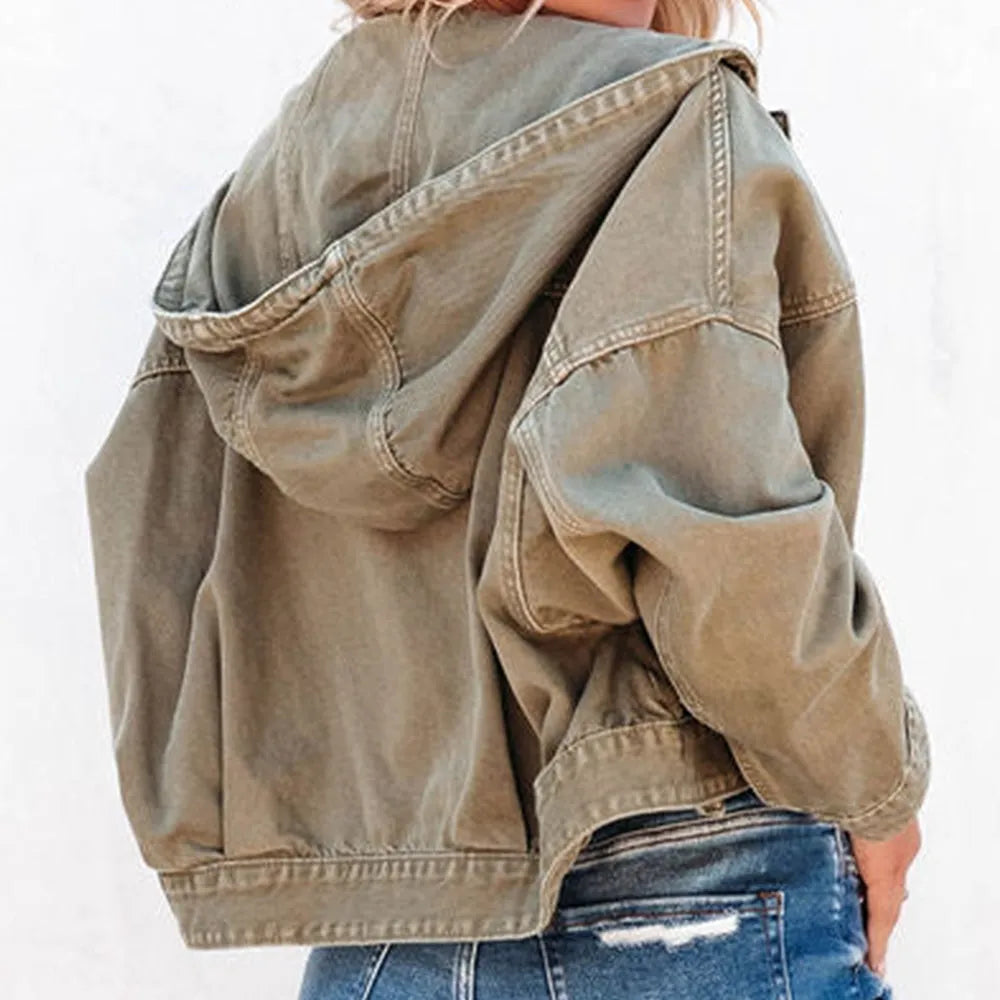 Hooded Dropped Shoulder Denim Jacket - Wellen Fashion