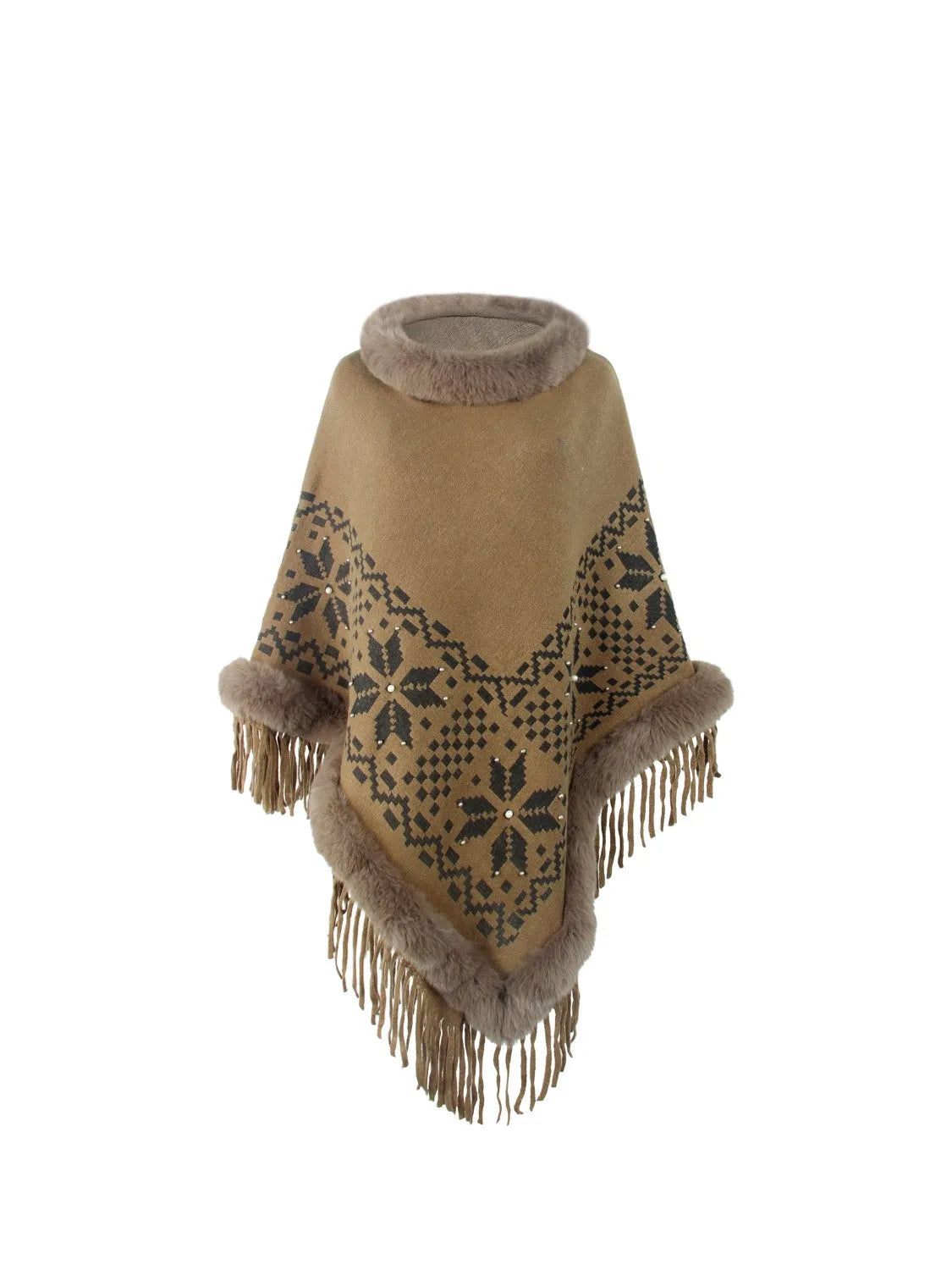 Fringe Geometric Cape Sleeve Poncho - Wellen Fashion