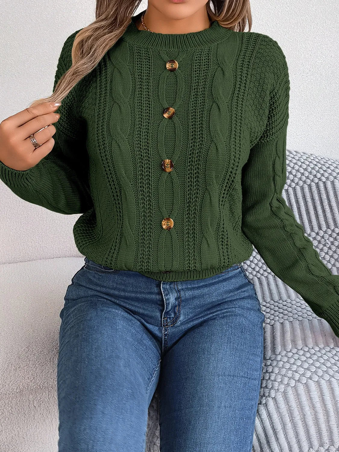 Cable-Knit Buttoned Round Neck Sweater - Wellen Fashion